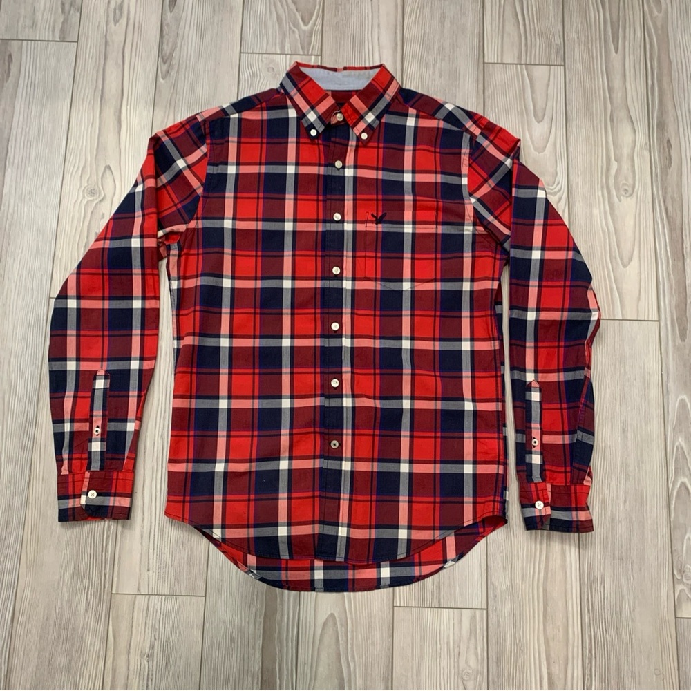 American Eagle Red White & Blue Plaid “Classic Fit” Flannel Shirt (Size: Small)